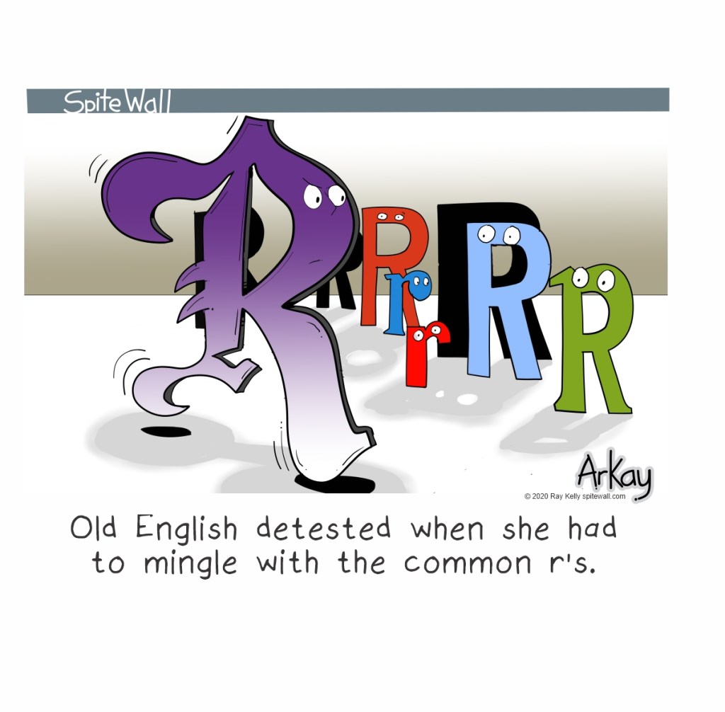 A cartoon depicting a large, stylized letter 'R' looking discontent as it walks past a variety of smaller, colorful letters 'r' with faces, playing on the theme of language and social status.